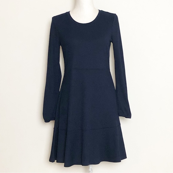 ANTHROPOLOGIE LEA & VIOLA Navy Tiered Long Sleeve Rib-Knit Dress Size Large - Picture 2 of 15